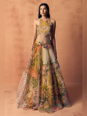 Floral Embroidered Halter Crop Top & Maxi Skirt Set in Mustard & Multicolor